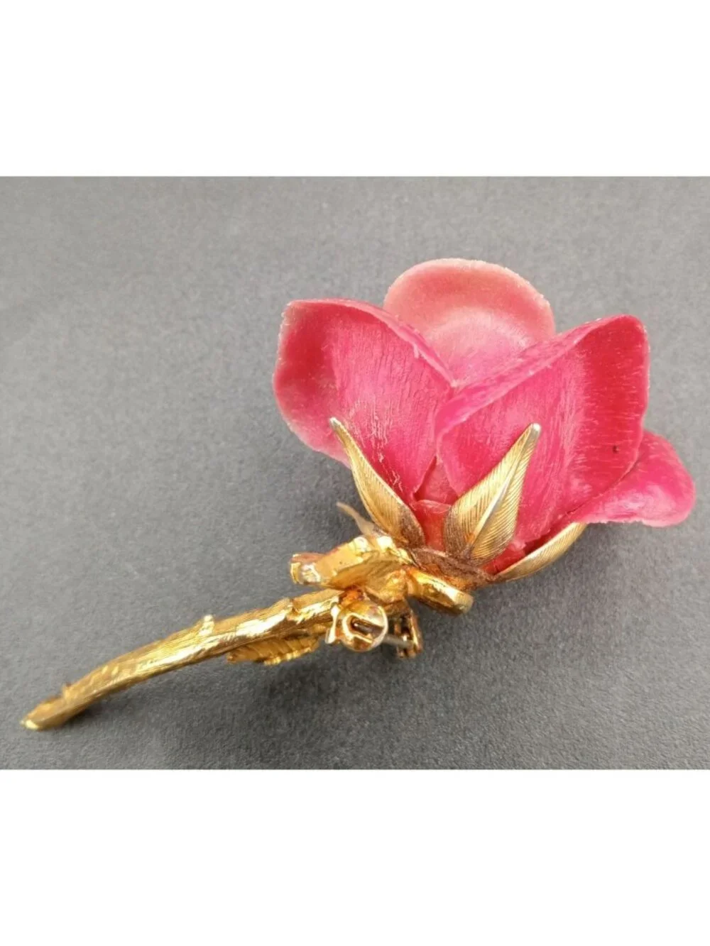 Vintage Pink Rose Brooch Pin Gold Tone Stem Leaves Signed BARI 3.25